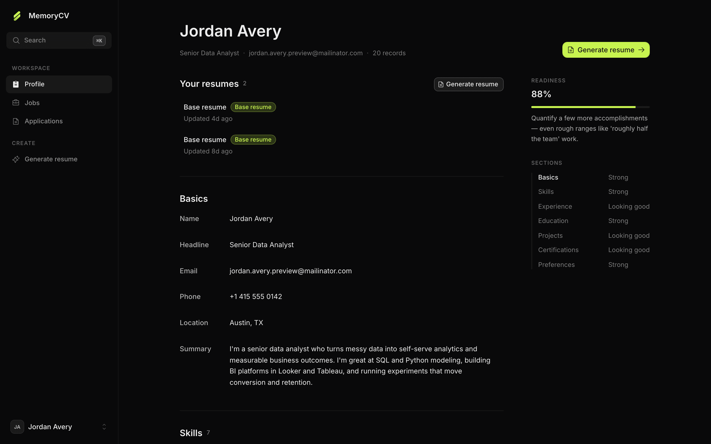 The MemoryCV profile: reviewed career facts with a readiness panel scoring each section.