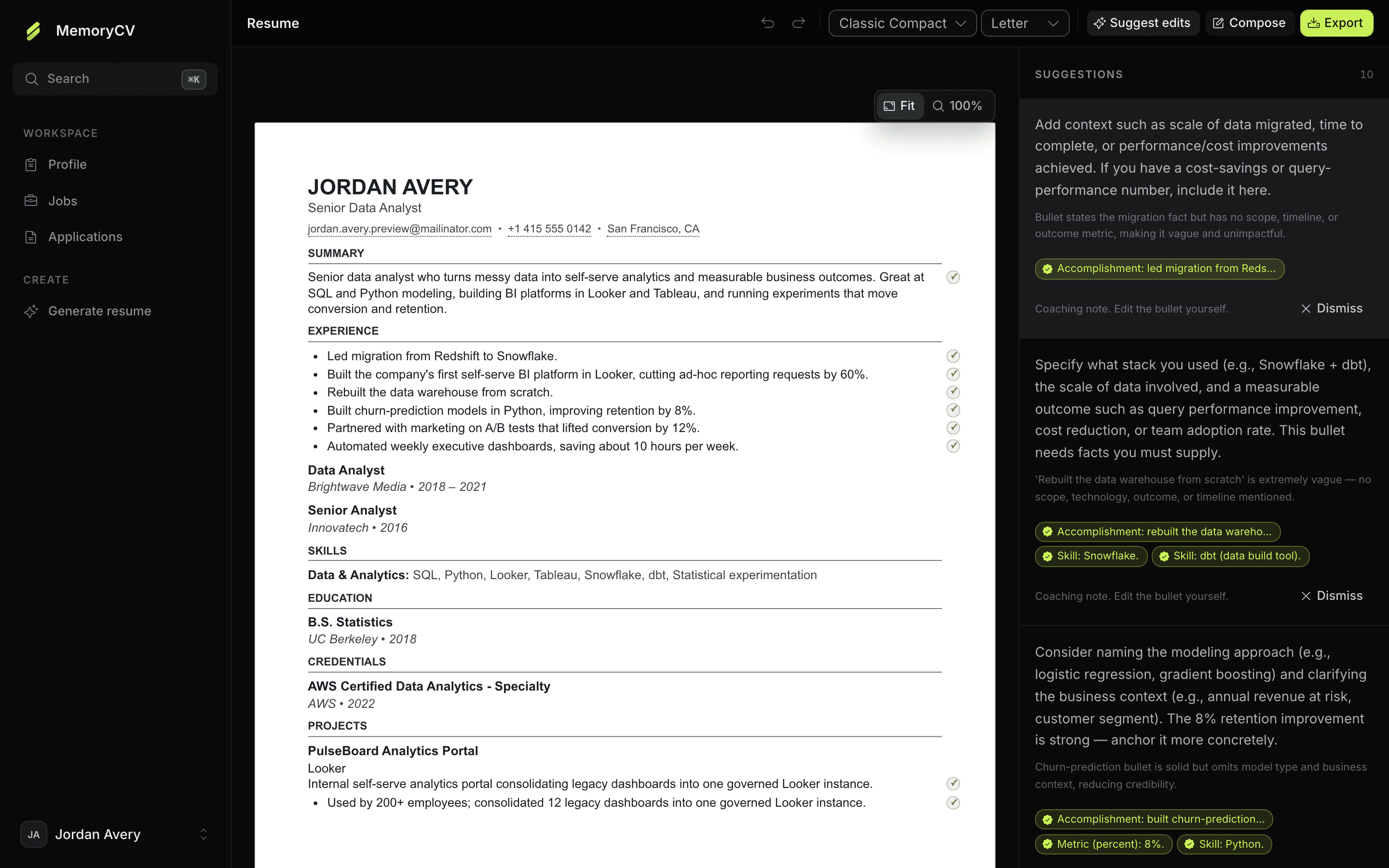 The MemoryCV résumé editor running a grounded Suggest-edits pass: each proposed edit is tied to a reviewed fact, with accept and reject in the suggestions rail.